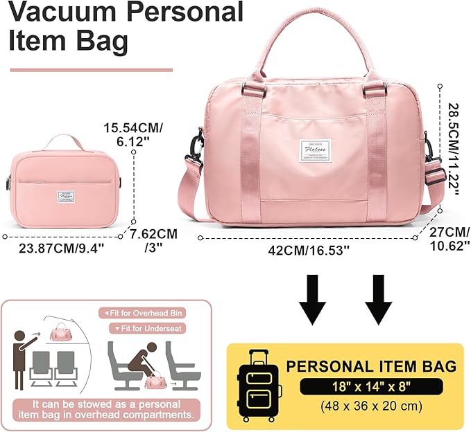 Vacuum Travel Bag for Women with Air Pump, Personal Item Carry on Bags with Seal Compression Pocket for Airlines, Weekender Overnight Bag for Women with Toiletry Bag，Pink