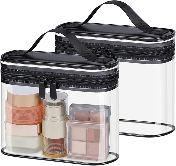 PACKISM TSA Approved Toiletry Bag 2 Pack - Quart Size Clear Makeup Bag with Handle & Dual Metal Zippers, Large Opening 3-1-1 Airline Compliant Security Travel Organizer for Carry On Liquids, Black