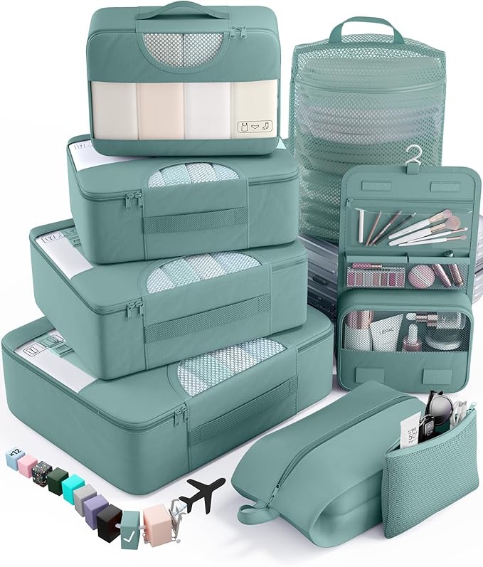 Veken 8 Set Packing Cubes for Travel Essentials, Suitcase Organizer Bags in 4 Sizes, Carry-On Luggage Accessories with Large Laundry Bag & Passport Holder, Must-Have for Airplane, Road Trip & Camping