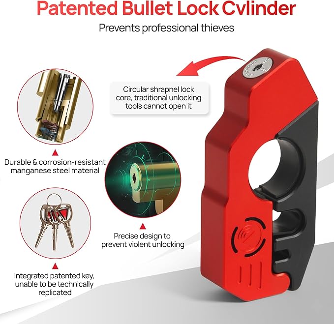 Motorcycle Locks Anti Theft, 130DB Alarm Motorcycle Grip Brake Lock, Heavy Duty Handlebar Throttle Lock Waterproof Alarm System for Moped, Bike, Scooter, ATV (Red)