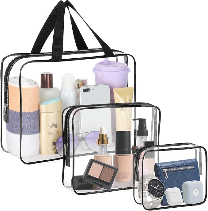 HAOGUAGUA 3 Pieces Large Clear Travel Bags for Toiletries, Waterproof Clear Plastic Cosmetic Makeup Bags, Transparent Packing Organizer Storage Bags (Black)