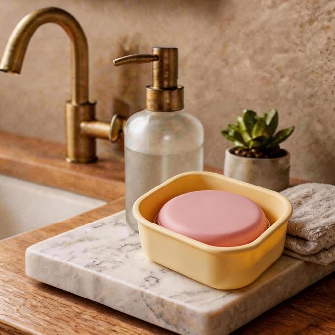 Square Travel Soap Case, Bar Soap Holder for Dr Squatch, Silicone Soap Case with Soap Saver, Portable Shampoo Bar Soap Box for Shower, Travel, Camp (Cream Yellow)