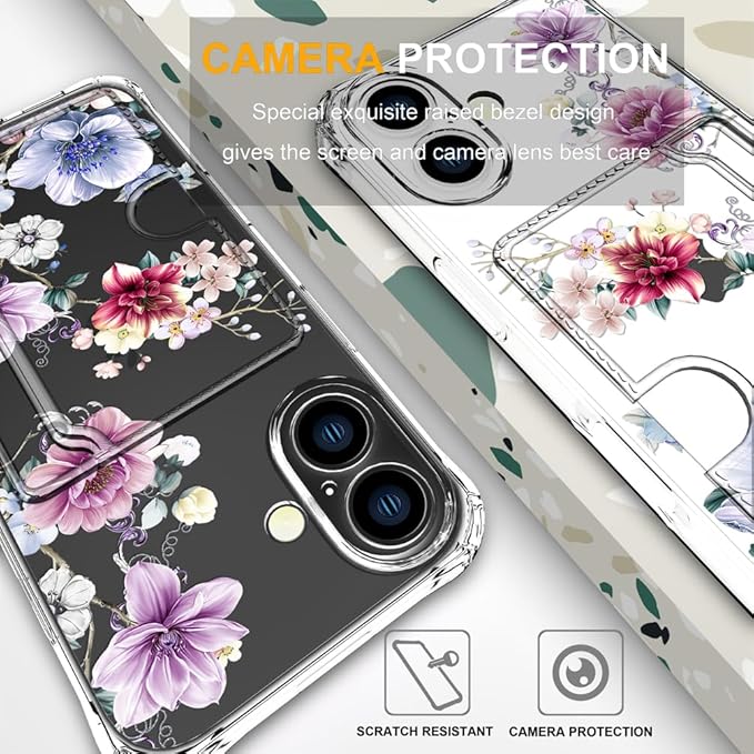 Compatible with iPhone 16 Case Card Holder for Women Cute Design,Wallet Phone Cases Transparent Cool Kawaii Protective (Clear Wonderful Large Flowers)