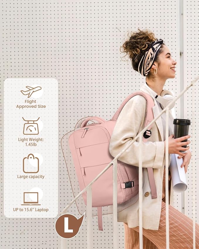 Pritent Travel Backpack for Women Man, Waterproof Personal Item Travel Bag Airline Approved Laptop Backpack Bookbag Weekender bags for Business,Travel, Work Fits 15.6 inch Laptop(Medium,Pink)