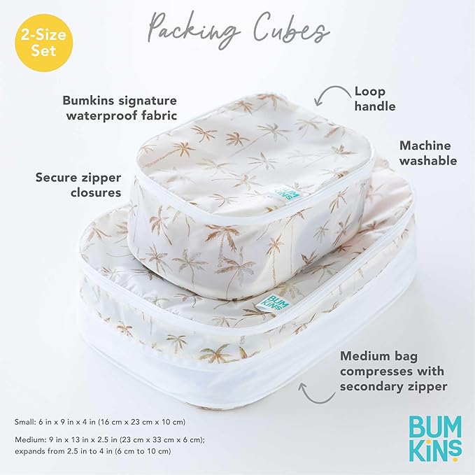 Bumkins Packing Cubes for Travel Bag, Organize Luggage with Compression Bags, Essential Traveling Accessories to Pack Carry On Suitcase, Must for Clothes or Toiletries, Set of 2 Sizes, Palm Trees