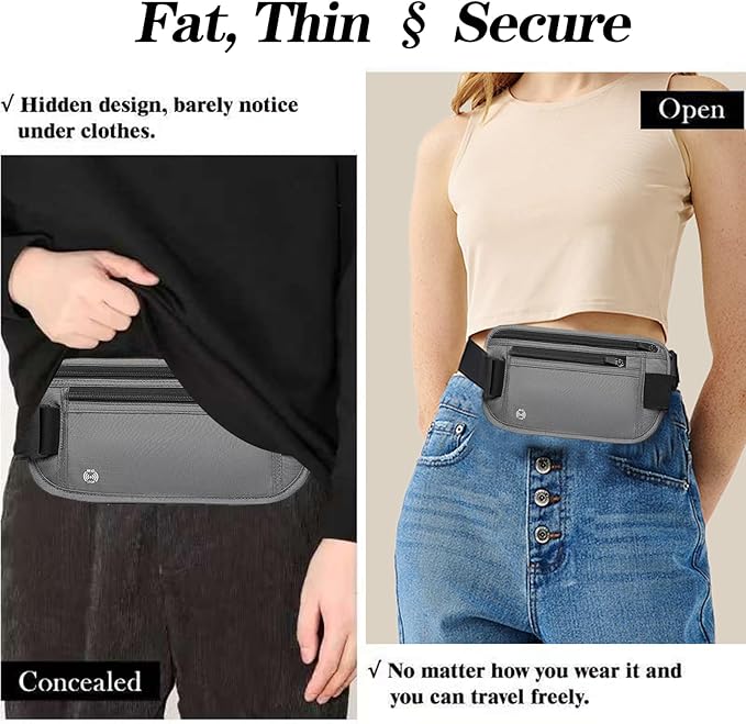 Gray Hidden Money Belt for Travel for Men, Waist Wallet Anti Theft, RFID Passport Holder For Travel Men Or Women, Money Pouch, RFID Passport Holder