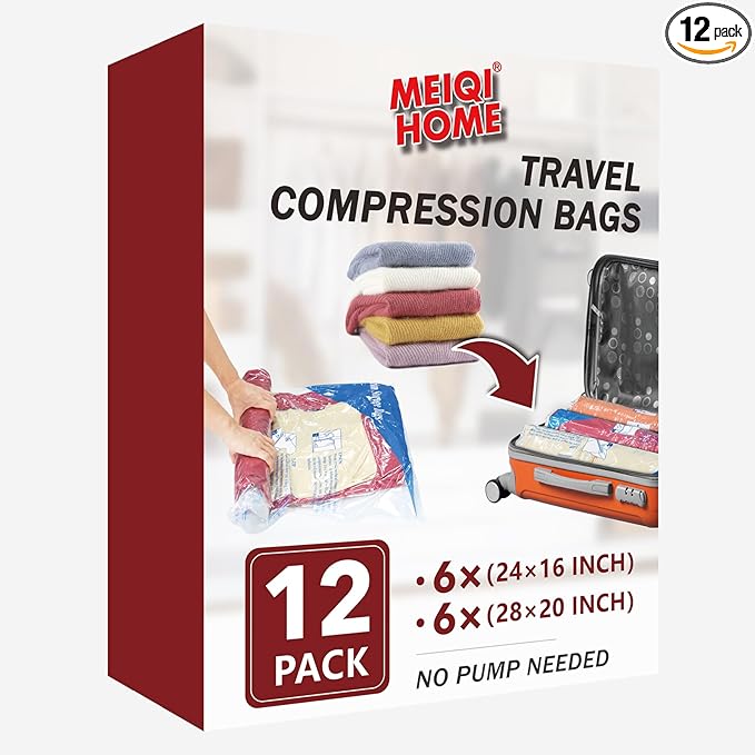 MEIQIHOME Vacuum Storage Bags, Space Saver Sealer Bags for Clothing, Pillows, Comforters, Blankets, Bedding, Travel, 12 Roll Bags, PA+PE Material