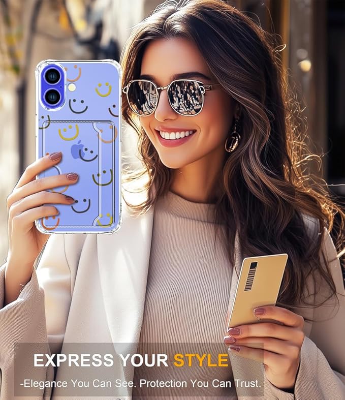 Compatible with iPhone 17 Case Card Holder for Women Cute Design,Wallet Phone Cases Transparent Cool Kawaii Protective (Clear Smiley Face)