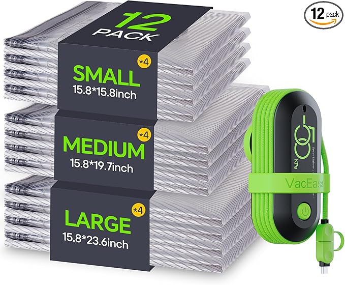 Vacbird Vacuum Bags for Travel with USB Pump, 12 Pack Carry-on Size Compression Packing for Luggage and Suitcase, Space Saver Bags for Clothes and Clothing Travel