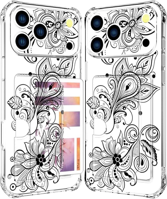 Compatible with iPhone 17 Pro Case Card Holder for Women Cute Design,Wallet Phone Cases Transparent Cool Kawaii Protective (Clear Black Henna Flower)