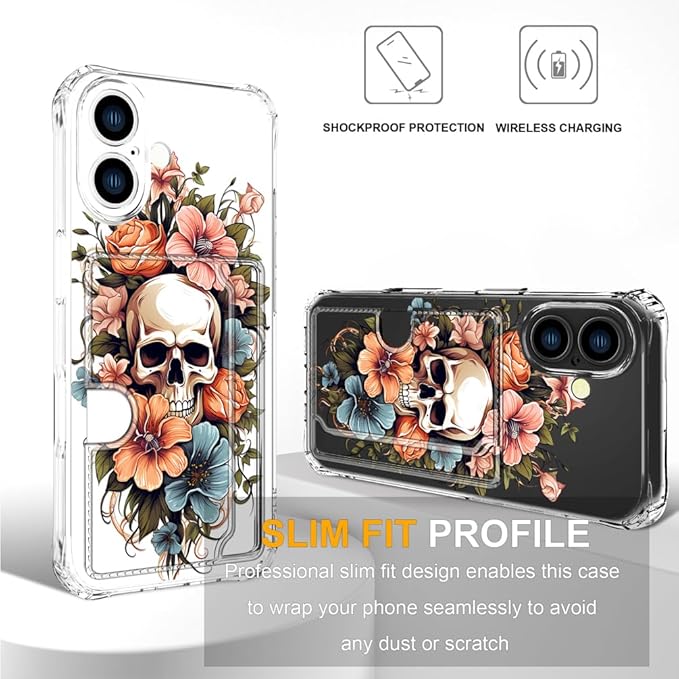 Compatible with iPhone 17 Case Card Holder for Women Cute Design,Wallet Phone Cases Transparent Cool Kawaii Protective (Clear Skull & Flowers)