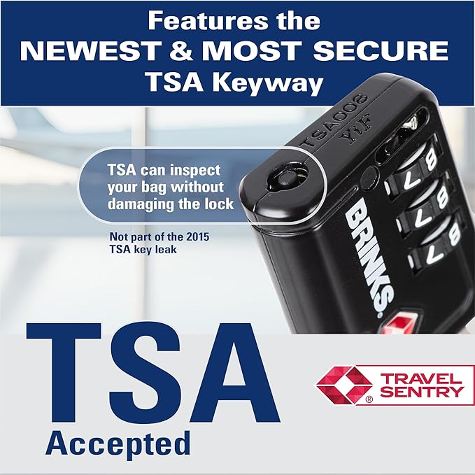 Brinks TSA Accepted Indicator Luggage Lock, Black - Resettable 3-Dial Combination, 2.5 inch Long Cable Shackle, New More Secure TSA008 Key, 4 Pack