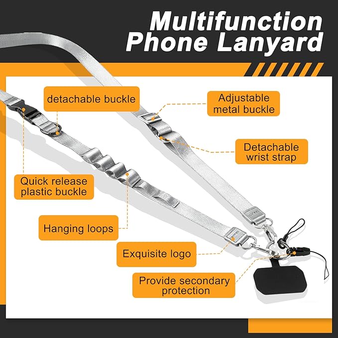 Detachable Phone Lanyard for Women Multifunctional Adjustable Phone Strap Crossbody Anti Theft with Tether Tabs for Cell Phone, ID Badge, Camera, Travel Essentials - Grey