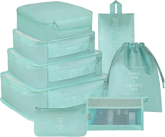 Vercord 8 Set Travel Packing Pods Luggage Organizers Cubes with Laundry Bags Accessories