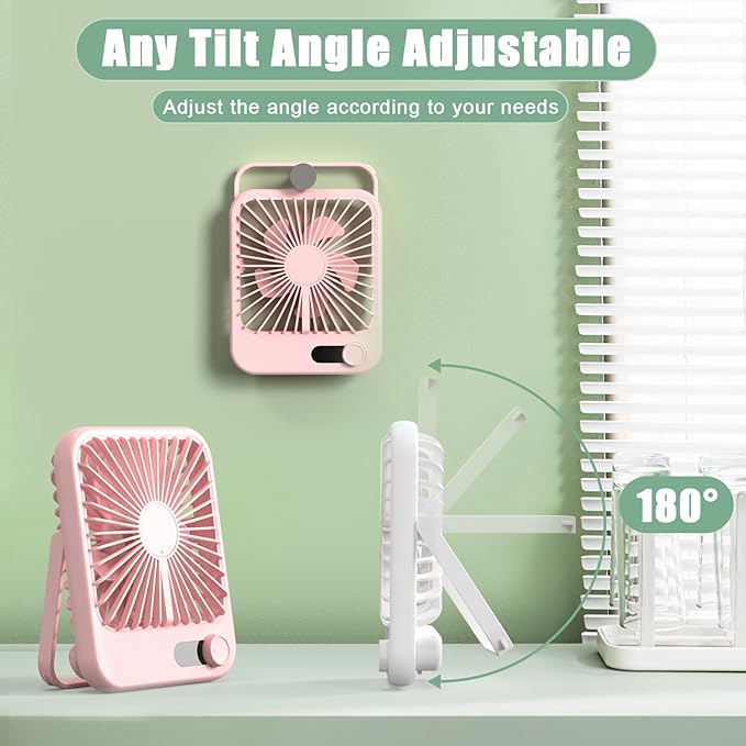 Portable Fan Rechargeable, Small Desk Fan Quiet, 180°Tilt Adjustable Personal Fan for Sleeping, Battery Operated, 100 Speeds, Table Fan for Bedroom Office Home Outdoor, Pink