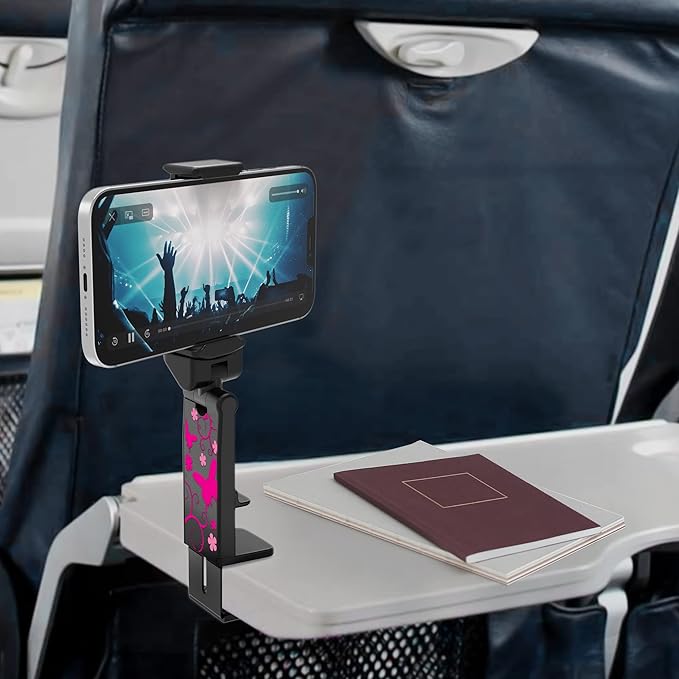 Beyond Cell Travel Accessories, Universal Seat Back Tray Table Hands Free Phone Clip Holder, Adjustable Pocket Size Airplane Travel Essentials Compatible with iPhone and Android (Pink Butterfly B)
