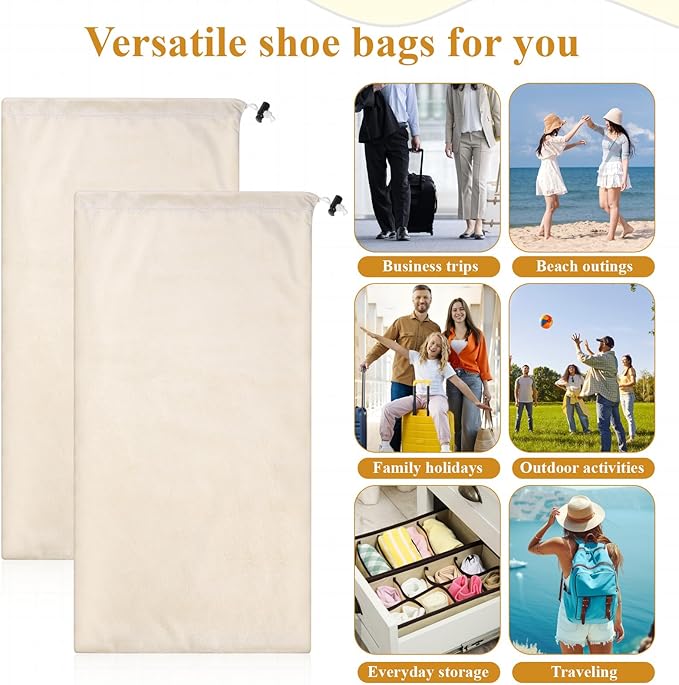8 PCS Single Shoe Bags for Traveling, 9.1×17.7 Inch Travel Shoe Bags for Packing in Suitcase Velvet with Drawstring Shoes Storage Bag Dust-Proof for Women and Men, Travel and Home Storage-Beige