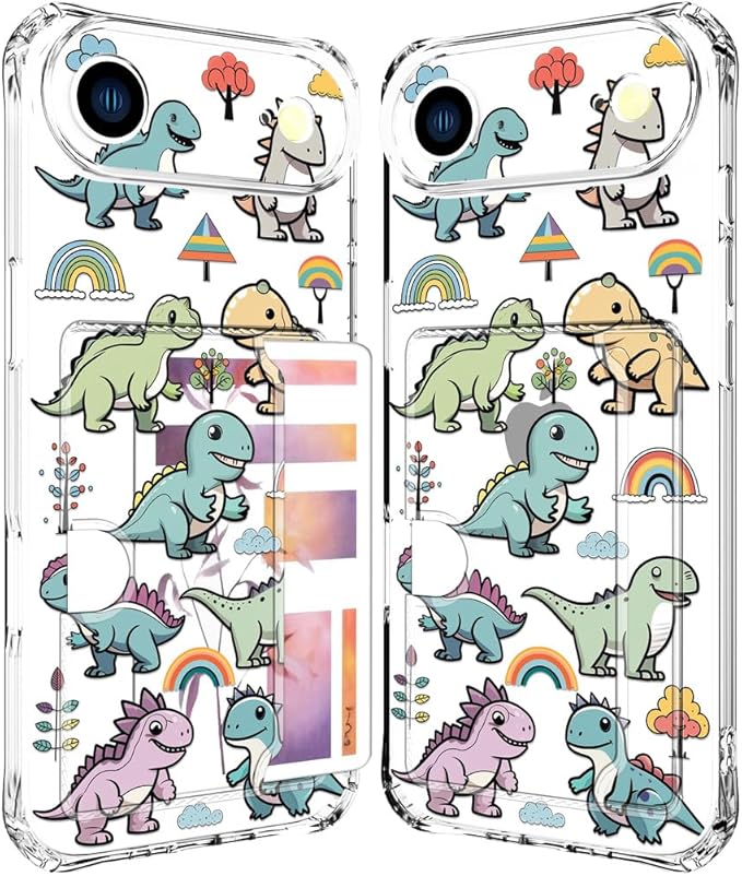 Compatible with iPhone 17 Air Case Card Holder for Women Cute Design,Wallet Phone Cases Transparent Cool Kawaii Protective (Clear Lovely Dinosaurs)