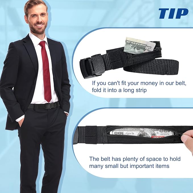 Eurzom 2 Pcs Money Belts for Men Hidden Money Pocket Travel Security Belts, Nylon Anti Theft Wallet with Plastic Buckle for Business Outdoor Working, Gift for Dad Men Boyfriend, Coffee and Black