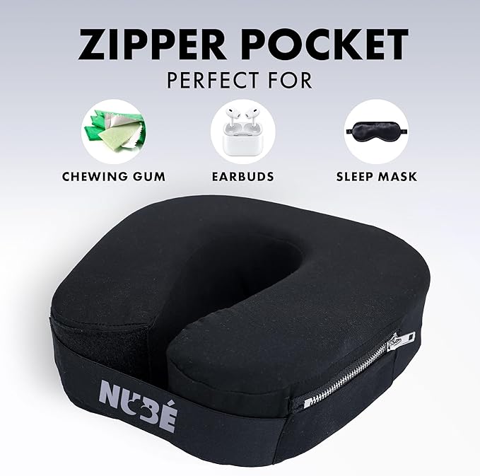 Travel Neck Pillow – Ultra Lightweight & Comfortable Memory Foam with Zipper Storage for Airplane, Car & Home Travel Accessory for Head & Neck with Cooling, Breathable & Washable Fabric (Black)