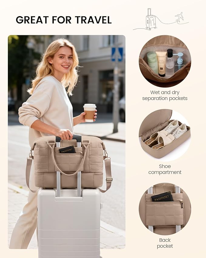 LOVEVOOK Travel Duffel Bag - Versatile Weekender Bag for Women, Puffer Carry On & Overnight Bag for Short Trips, Coffee Brown