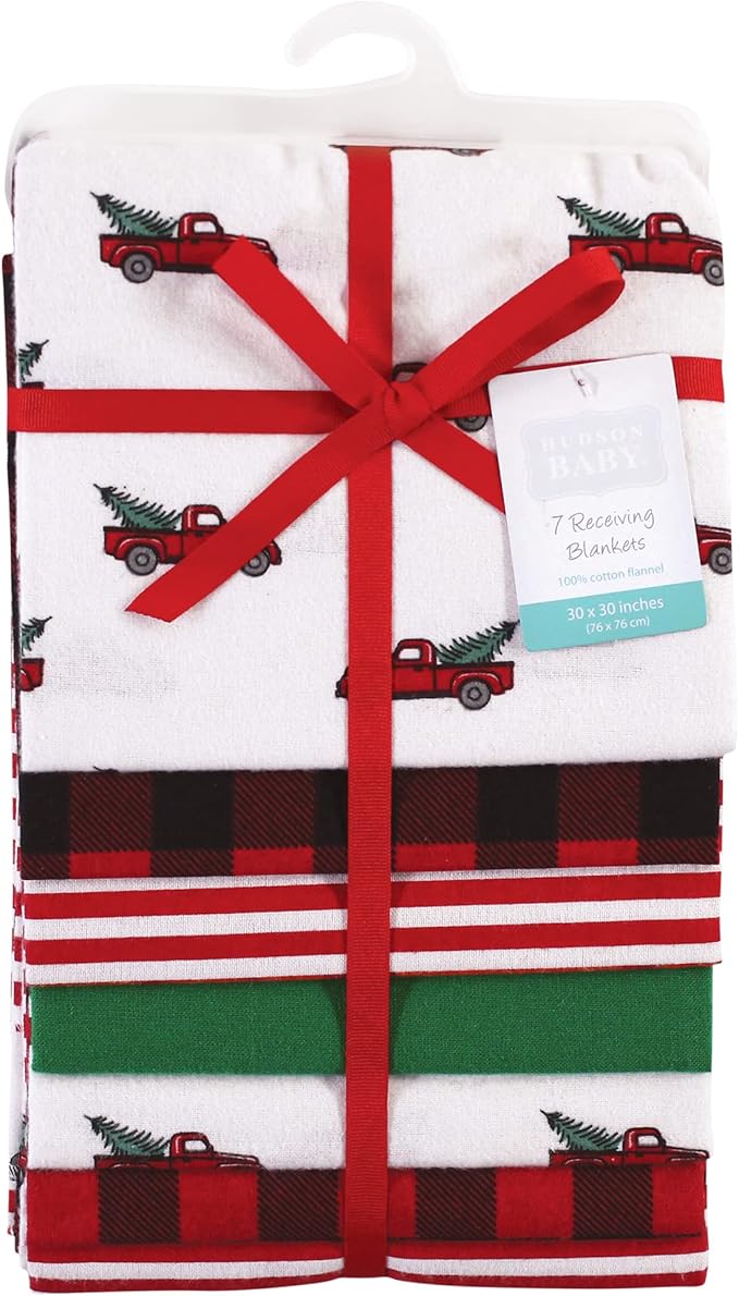 Hudson Baby Unisex Baby Cotton Flannel Receiving Blankets Bundle, Christmas Tree Truck, One Size