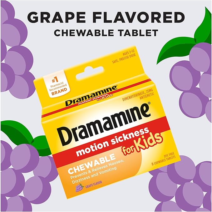 Dramamine Motion Sickness Chewable for Kids, Prevent & Relieve Motion Sickness, Dizziness & Nausea, Grape-Flavored Tablets, 8 Count