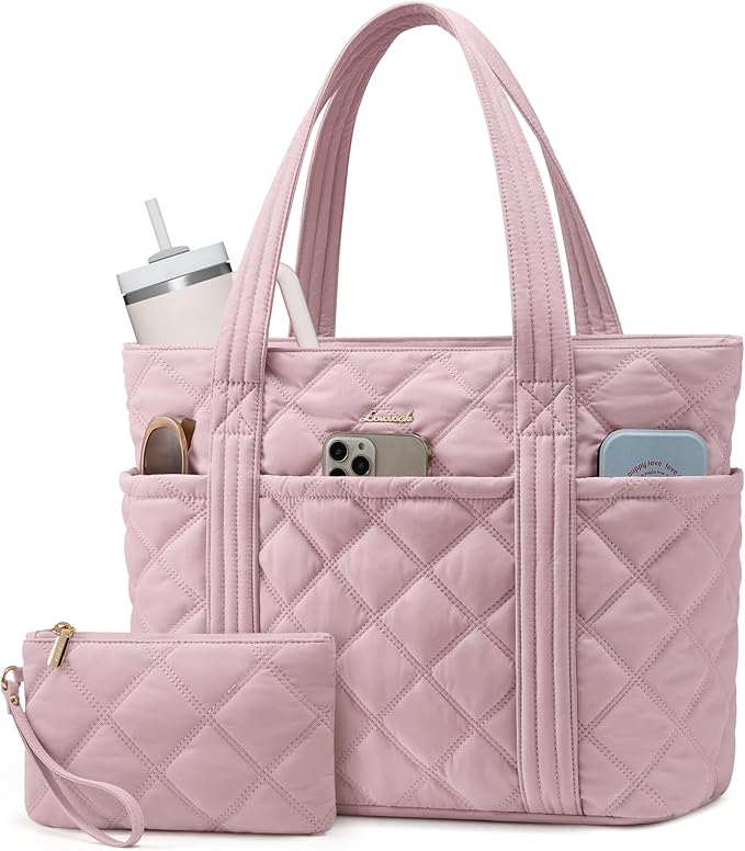 LOVEVOOK Puffer Tote Bag for Women, Puffy Work Handbag with Cup Holder, Travel Carry On Bag with Zipper for Teacher Nurse Gym
