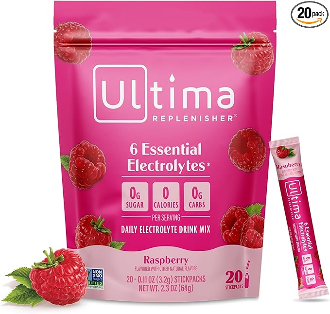 Ultima Replenisher Daily Electrolyte Powder – Raspberry, 20 Stickpacks – Zero Sugar Hydration Packets with 6 Electrolytes and Minerals – Sugar Free, Plant Based & Keto Friendly Drink Mix