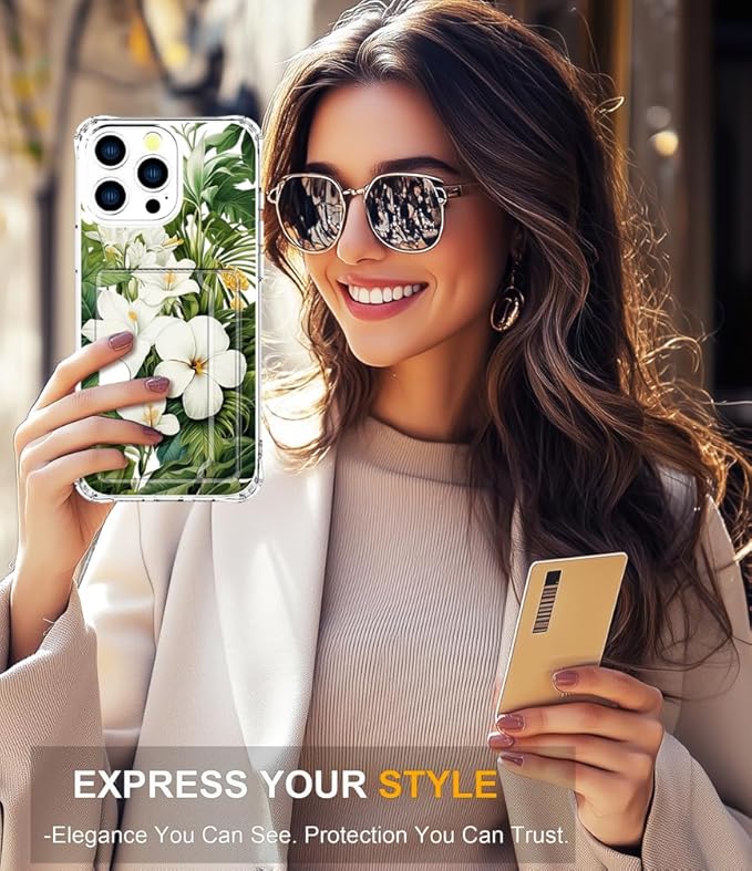 Compatible with iPhone 16 Pro Case Card Holder for Women Cute Design,Wallet Phone Cases Transparent Cool Kawaii Protective (Clear Green Flowers Tropical Jungle)
