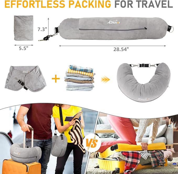 Travel Neck Pillow Stuffable with Clothes, Stuffable Neck Pillow for Travel, Packable Fillable Storage Bag for Airplane Travel, Soft Velvet Neck Pillow Case Cover