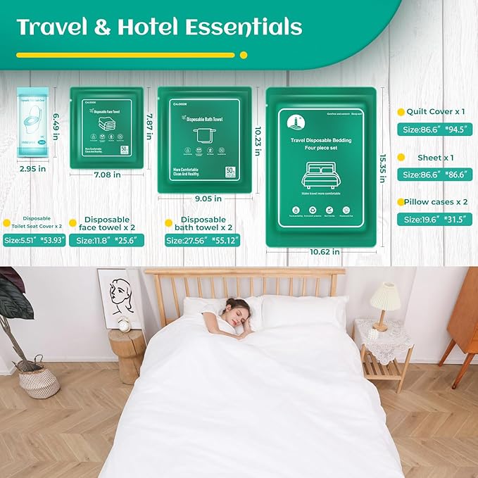 Disposable Bed Sheet for Hotel, Travel Essentials with Disposable Bath Towels Disposable Face Towels Disposable Bed Sheets and Toilet Seat Cover, Disposable Sheet for Cruise Ship, Camping, SPA