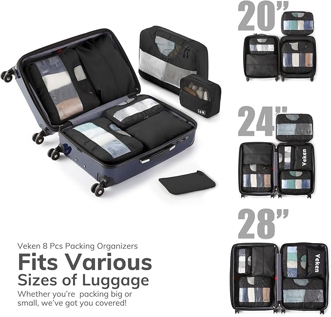 Veken 10 Set/8 Set Packing Cube for Travel Essential,Suitcase Organizer Bag in 4 Sizes,Carry-On Luggage Accessories with Laundry&Toiletry Bag, Airplane Must-Have,Road Trip&Camp Gift for Men(Pack of 2)
