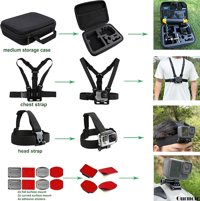 Gurmoir Accessory Kit for DJI Osmo Action 6/5 pro/4/Insta 360 X5 X4 /Go Pro Hero13 12/Gopro Max 2, Bike Mount/Hat Clip/Helmet Strap/Backpack Mount kit for Gopro/Osmo Action/Insta 360(DT18)