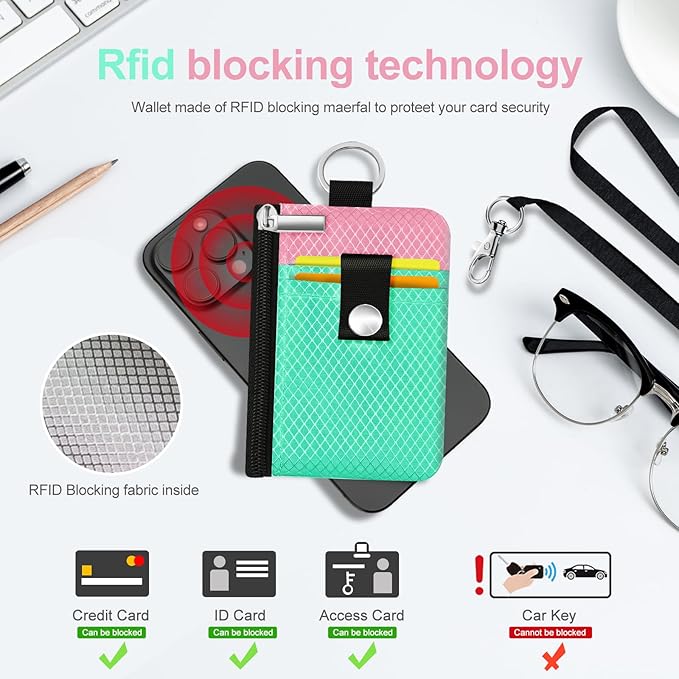 Minimalist RFID Blocking Small Wallet with ID Window,WaterResistant Zip Id Case Wallet with Lanyard Keychain for Cards,Cash,Travel,Women,Men (Mint Green/Pink)