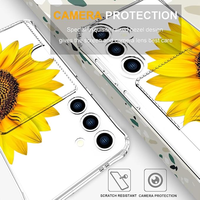 Compatible with Samsung Galaxy S24 / S25 Case Card Holder for Women Cute Design,Wallet Phone Cases Transparent Cool Kawaii Protective (Clear Sunflower Sun Flower)