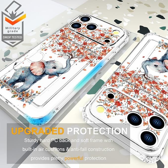 Compatible with iPhone 17 Pro Max Case Card Holder for Women Cute Design,Wallet Phone Cases Transparent Cool Kawaii Protective (Clear Elephant Creating Flowers)