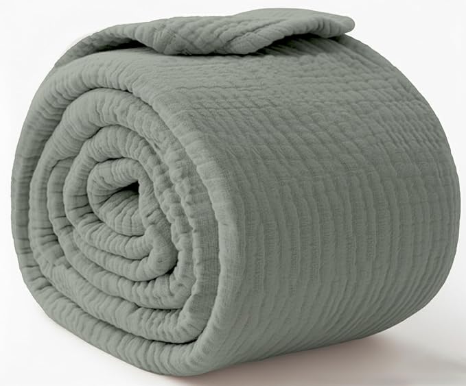 KyraHome 100% Organic Cotton Throw Blankets for Adults, Couch, Kids, 50"x60" Plant Dyed Breathable Lightweight Warm Gauze Muslin Blankets for Summer, Travel, All Season, Sage Green