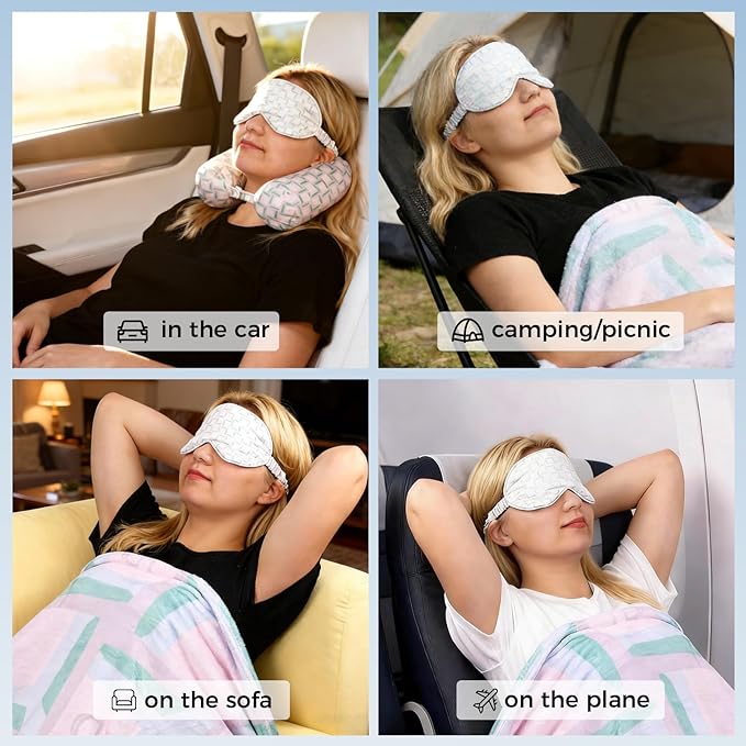 Travel Pillow with Detachable Flannel Blanket & Eye Mask – Plush Velvet Neck Support Pillow for Airplane,Car,Office Rest,Coordinated Digital Print Set (Green Pink Geometry, 60in * 79in)