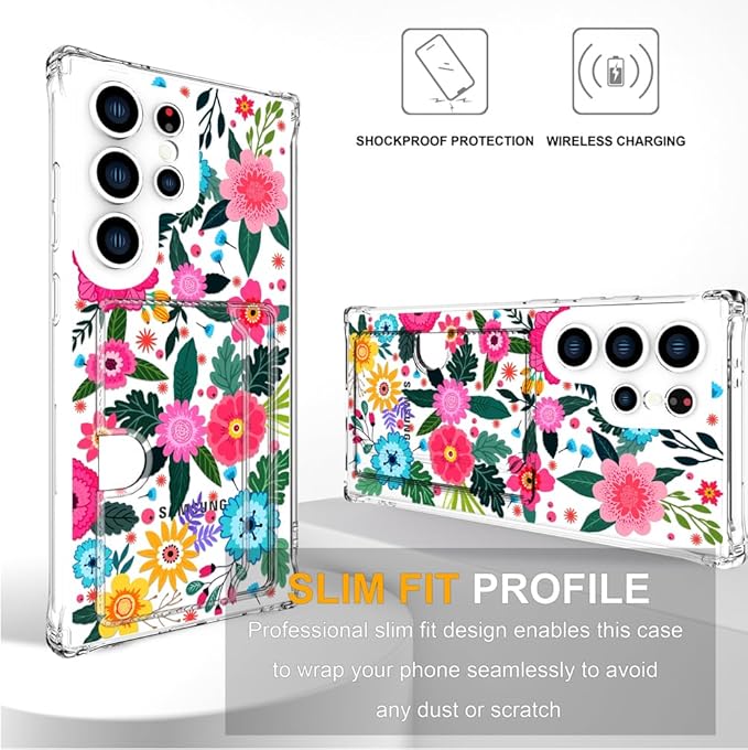 Compatible with Samsung Galaxy S24 Ultra Case Card Holder for Women Cute Design,Wallet Phone Cases Transparent Cool Kawaii Protective (Clear Floral Spring Blossom)