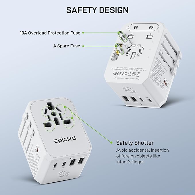EPICKA Universal Travel Adapter GaN 45W, European Travel Plug Adapter with PD&QC Fast Charging(2 USB-A & 3 USB-C Ports) - Worldwide Travel Essentials, International Power Adapter for UK/US/AU