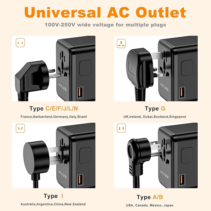 VYLEE Universal Travel Adapter, PD100W GaN International Power Adapter with 3 USB C and 1 USB A Charging Ports, All in One Power Outlet, Worldwide Plug Adapter for US to European UK AUS Ireland(Black)