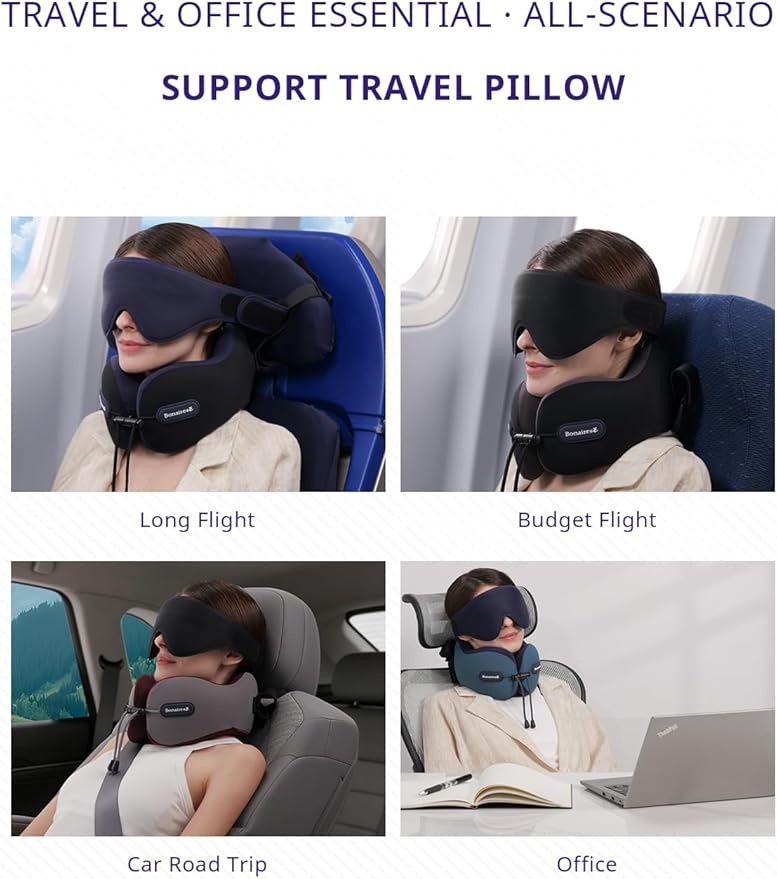 Travel Pillow, Neck Pillow Airplane with 3D Eye Mask & Seat Strap for Long Flight Sleep Road Trip, Dual-Density Supportive Foam, 360°Support Head, Neck & Chin Travel Essentials Black & Grey