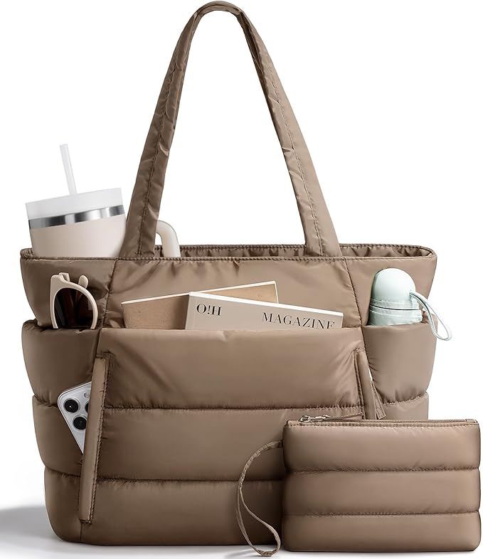 Bagstellar Puffer Tote Bag for Women, Lightweight Puffy Work Handbag Teacher Nurse Quilted Shoulder Bag for School Travel Gym | Cloud Bag w/ Zipper, Daily College Bags, 15.6" Computer Bag, Clinical Nursing Bag, 40 OZ Tumbler Holder, Ideal Gift for Women