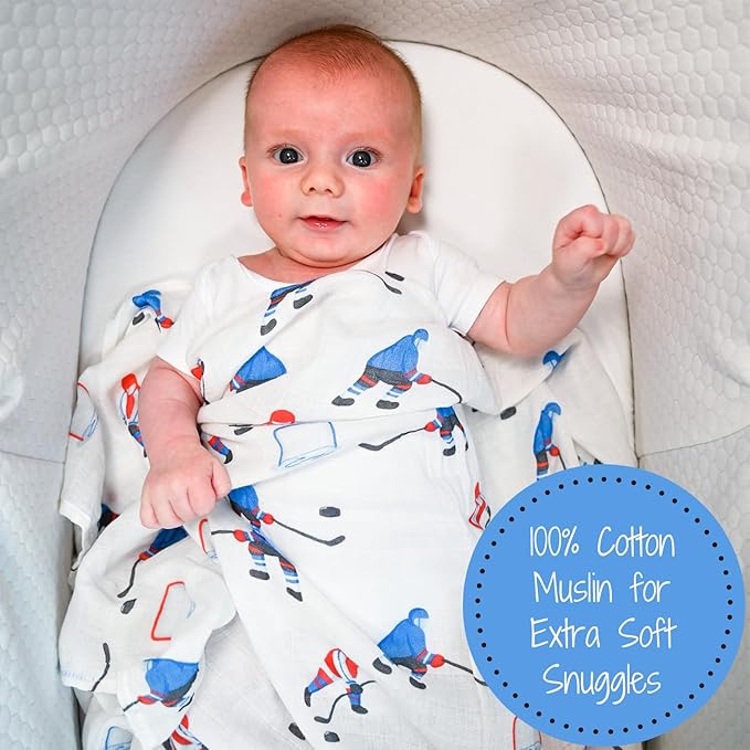 LollyBanks Swaddle Blanket 100% Muslin Cotton, 47 x 47 inches Soft Breathable Muslin Baby Swaddles for Boys, Baby Essentials, Registry and Gift (Ice Hockey Print), Pass, Shoot, Score