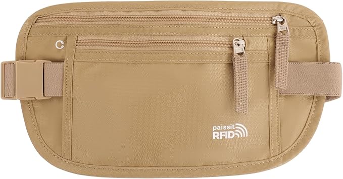 Small Unisex Money Belt For Men and Women, Slim Passport Holder RFID Blocking Travel Essentials Pouch with Adjustable Strap Small Waist Pouch for Workout Running Travelling Hiking(Beige)