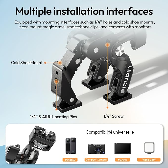 ULANZI CO78 Super Clamp Kit w Magic Arm, for Action Cam – 1/4" & ARRI Locating Pins + Cold Shoe Mount, 3-Jaw & Dual Ball Head Designed for Flexible, Low & High Angle Shot, Load Capacity Within 1kg