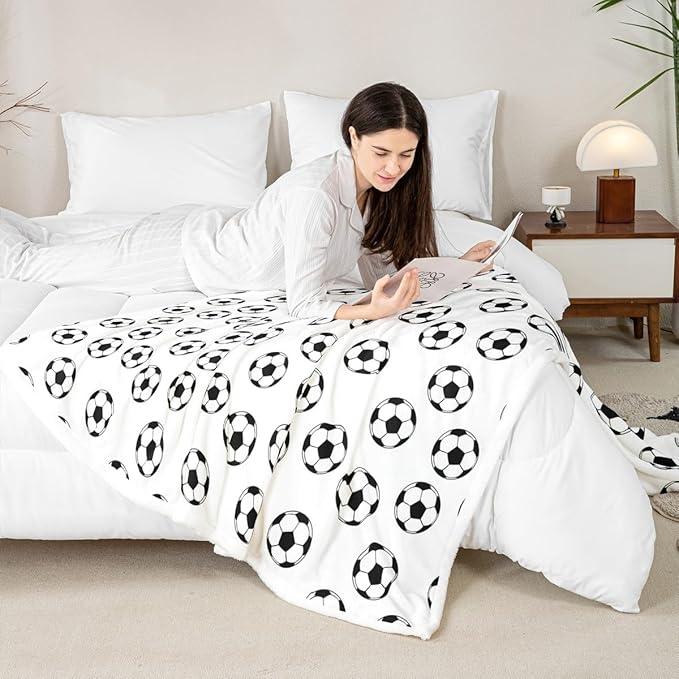 Soccer Kids Throw Blanket,Ball Sports Games Competition Bed Blanket for Girls Boys Adults,American Football Cartoon Fleece Blanket,Black White Unique Fuzzy Blanket,Queen Size (90 x 90 Inches)