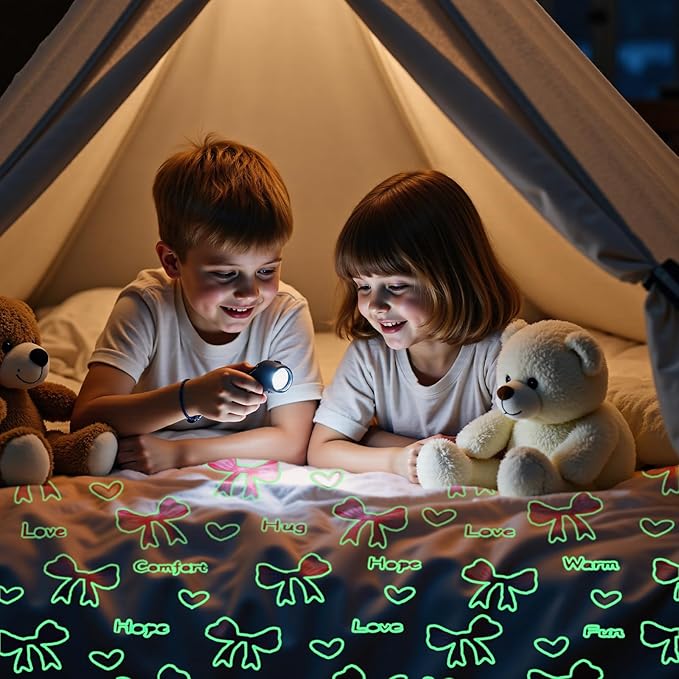 Wajade Pink Bow Glow in The Dark Love Blanket Birthday Gifts for Girls 1 2 3 4 5 6 7 8 9 10 11 12 Kids Blanket with Heart Christmas Girl Gifts Ideas Cute Bedroom Decor 60"×80"