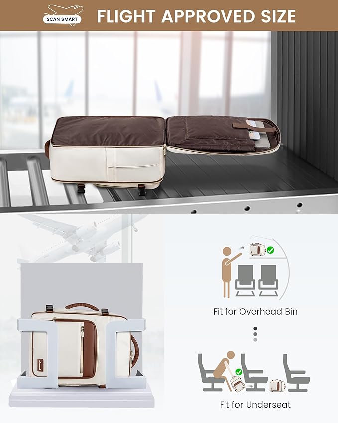 LOVEVOOK Travel Backpack For Women,40L Carry On Backpack Flight Approved,TSA Personal Item Travel Bag Fits 17 Inch Laptop,Business Weekender Overnight Daypack with Toiletry Bag and Cube,White brown